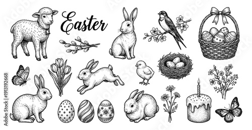 Easter vintage engraving set with bunnies lamb and eggs