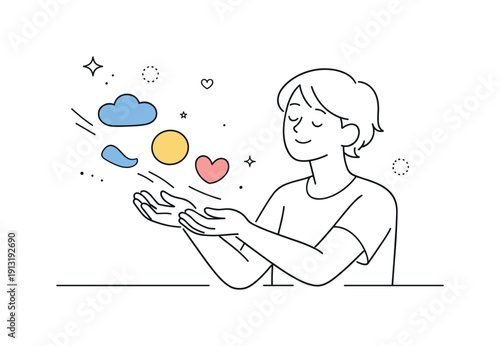 Letting go of past traumas. A calm editorial scene of a person gently releasing abstract shapes from their hands, symbolizing emotional