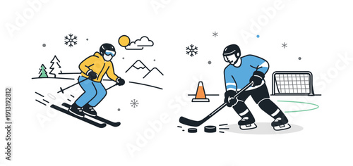 Winter Sports Excitement. Winter sports like skiing and ice hockey. A skier gliding down a gentle slope while an ice hockey player practices nearby, calm