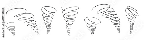 Tornado swirl continuous line set, abstract vortex whirlwind spirals, minimal outline vector illustration isolated on transparent background