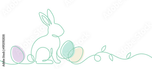 Easter bunny and eggs in one line drawing style
