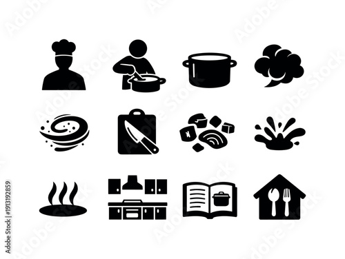Cooking curry at home. Solid icon set of cooking curry at home: cook silhouette, stirring motion, deep pot, steam cloud, spice swirl, cutting