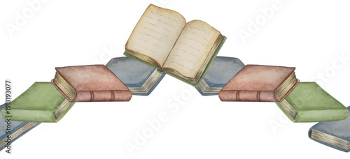 Hand-drawn watercolor illustration set of different books, wooden bookshelf full of books, stack of books, scrolls and paper. Bright illustration for design of book shop or library, cover, package