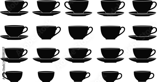 Coffee cup silhouette set, CAD drawing flat vector illustration featuring teacup and saucer collection for cafe menu design