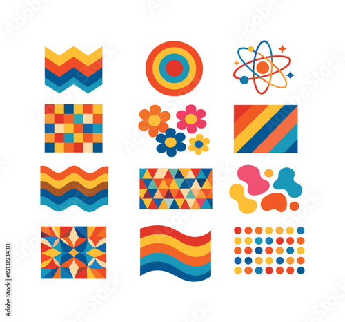 Colorful Retro Icons. Retro Prints. Colorful flat vector icons set of Retro Prints: zigzag chevron, concentric circles, atomic burst, checkerboard, mod