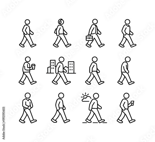 Urban Walking Lifestyle. Line icon set of Urban Walking Lifestyle: casual city walk, person with headphones walking, commuter walking,