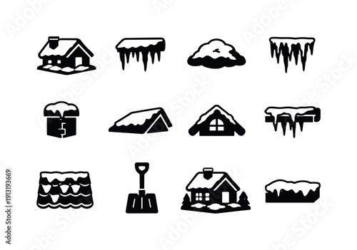 Snowy Roof. Solid icon set of Snowy Roof: snow covered house, icy roof edge, snow pile, icicle cluster, chimney with snow, roof slope, attic