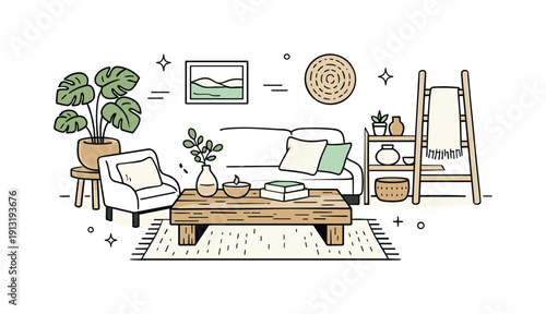 Natural textures in home decor. Reclaimed wood combined with plants and neutral textiles, airy and harmonious. The composition emphasizes