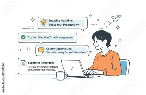 AI writing assistant. Person collaborating with a smart interface that suggests text snippets and headlines, focused and productive mood.