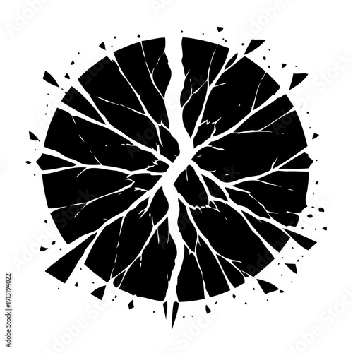 A black and white abstract art piece with radial symmetry and sharp lines