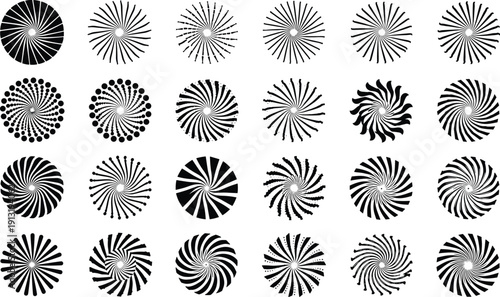 Abstract spiral burst shapes set, black radial swirl elements collection, geometric sunburst and vortex design vector illustration isolated on white background