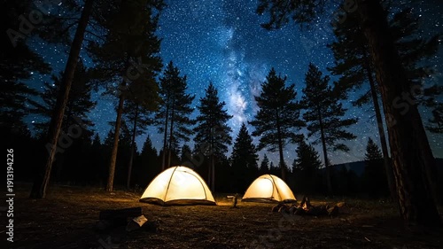 Couple camping under starry night sky with glowing tents and campfire