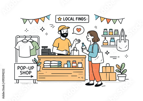 Charming Pop-Up Shop. Pop-up shop retail scene. A small temporary store with a counter and products, a friendly seller interacting with a customer. Sense of