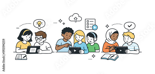 Collaborative Classroom Learning. Blended learning in class. Students collaborating in small groups with shared tablets and digital notes. The illustration