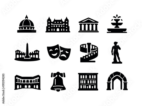 Renaissance Icon Set. Renaissance and baroque. Solid icon set of renaissance and baroque: dome, palace, columned facade, fountain, piazza, theater mask, spiral