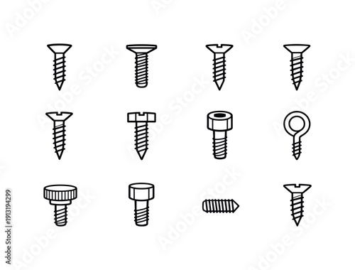 Screw Types Icons. Types of Screws. Line icon set of Types of Screws: wood screw, machine screw, sheet metal screw, drywall screw, deck screw, masonry screw,