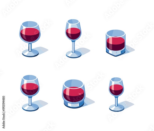 Wine bar. Isometric flat vector icons set of wine bar: bar wine glass, tall wine glass, short wine glass, classic bistro wine glass, thick