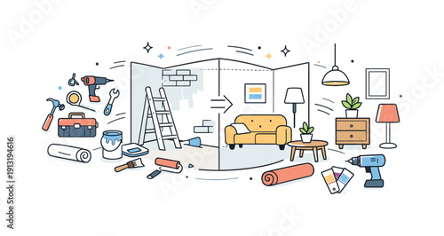 Home renovation concept. Tools, paint cans, and furniture elements neatly arranged around a central room, with subtle motion lines showing