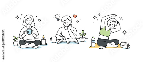 Relaxed Self-Care Moment. Daily self-care routine. Person enjoying a quiet moment with tea, notebook, or stretching, relaxed and grounded atmosphere. Visual
