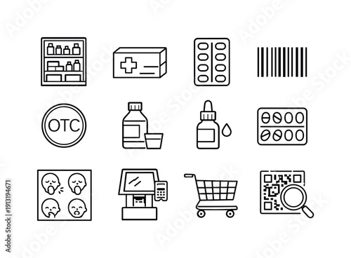 Allergy Meds Icons. Over-the-Counter Allergy Meds. Line icon set of Over-the-Counter Allergy Meds: medicine shelf, allergy box, pill packet, pharmacy barcode,