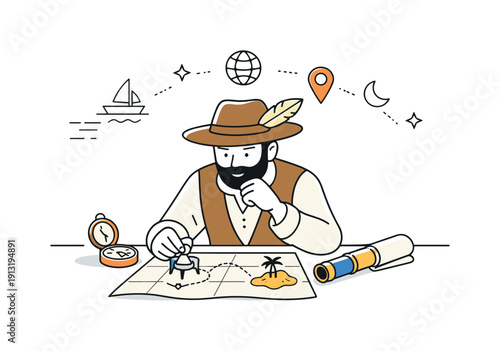 Famous explorers and navigation. An explorer studying maps and navigation tools like a compass and telescope on a simple desk. The scene