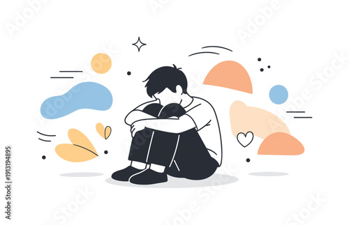 Coping with a personal crisis. A person sitting on the floor with knees drawn close, abstract shapes softly reorganizing around them. The