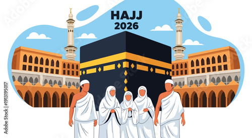 Pilgrims gathering at the Kaaba during Hajj 2026, Mecca, illustration, holy site, front view