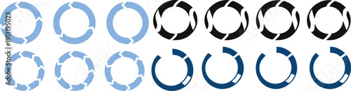 Circular loading progress bar icons in gradient blue and black shades. Vector  symbols showing buffering, update, and process indicators for web or app interface design.