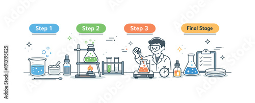 Experimental setup. Laboratory benches with beakers, flasks, and soft indicator labels showing preparation stages. Controlled process and