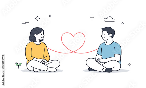 Heartfelt Connection. Emotional connection and healing. Two figures connected by a heart or soft line, symbolizing trust and mental resilience. Clean