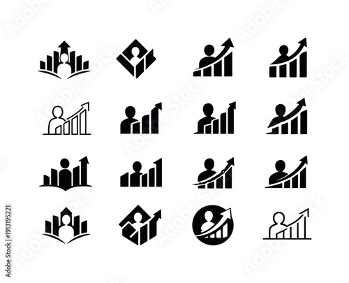 Gig Economy Icons. Gig economy growth. Icon set. Set Logo of gig economy growth: rising bar chart with person silhouette. harmonious logo variations of the