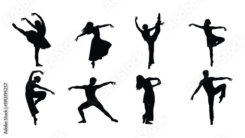 Silhouettes of dancers in various ballet poses against a white background isolated on white background, Vector