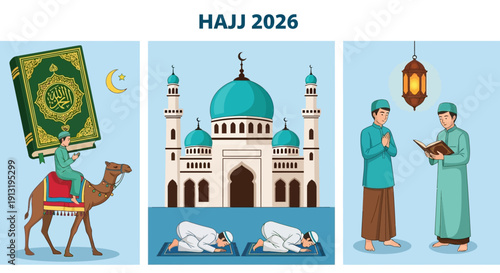 Pilgrims performing Hajj rituals near a mosque with a camel and Quran illustration