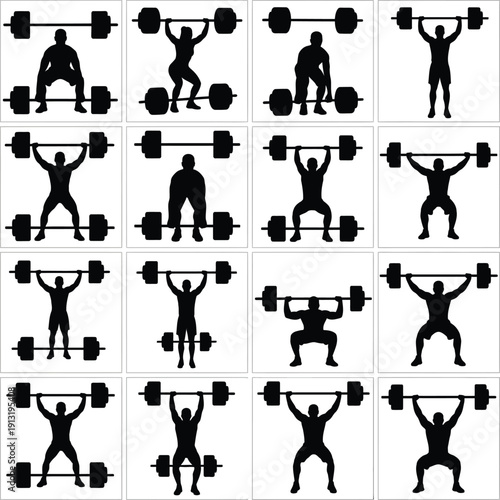 Weightlifting Silhouette Collection - Olympic Barbell Squat and Overhead Press Vector Icons
