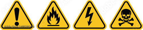 Four essential triangular safety warning signs indicating caution and danger