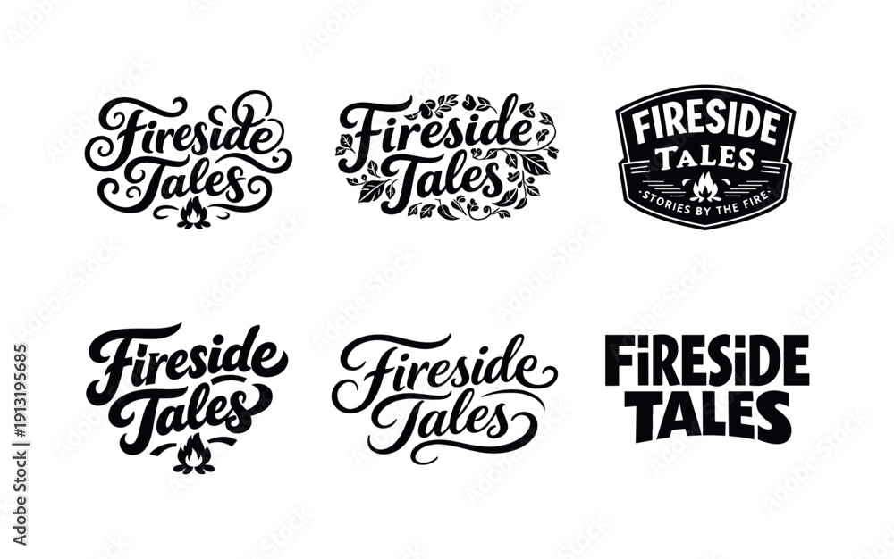 Obraz premium Fireside tales lettering. Set lettering. harmonious lettering variations of the same emblematic concept, each with different artistic