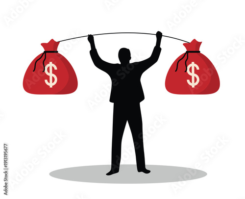 Silhouette of a Business Man Lifting Money Bags. Finances and earning income vector art, success at work