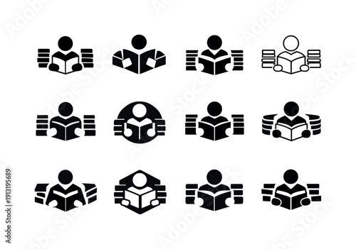 Study Icon Variations. Studying for a test. Icon set. Set Logo of Studying for a test: student figure with books. harmonious logo variations of the same