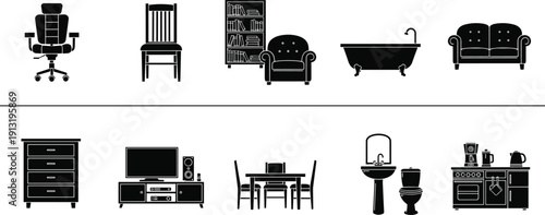 Furniture and home interior icons set, chair, sofa, bathtub, kitchen and living room silhouettes, black vector collection isolated on white background
