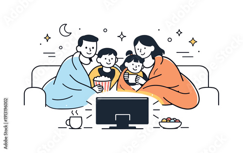 Family holiday movie tradition. A simple editorial scene showing a family watching movies together, wrapped in blankets with a glowing