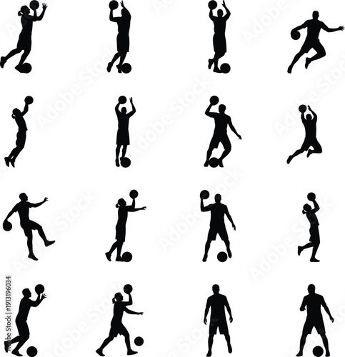 Professional Basketball Player Silhouette Set - Vector Athlete Action Poses and Dribbling Icons