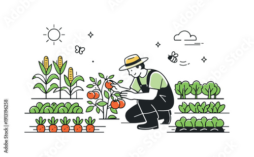 Mixed cropping system. Different plant species growing together in neat rows, farmer checking plant health calmly. Clean editorial metaphor