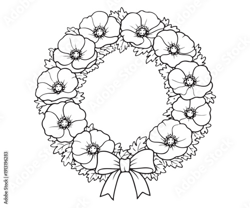 Line art of poppy flowers arranged in a memorial wreath