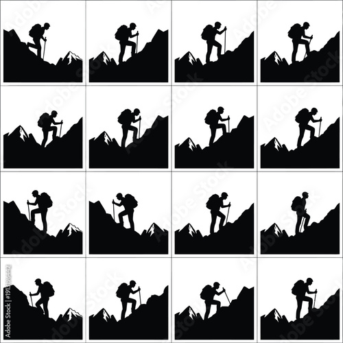 Hiking Silhouette Set of Mountain Climbers Trekking with Nordic Poles