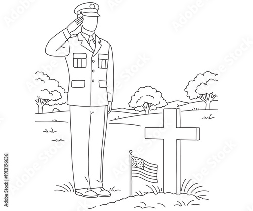 Line art of a soldier saluting beside a grave marked with a cross