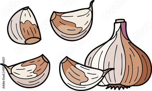 A colorful illustration of garlic cloves and a whole garlic bulb, perfect for culinary or health-related content
