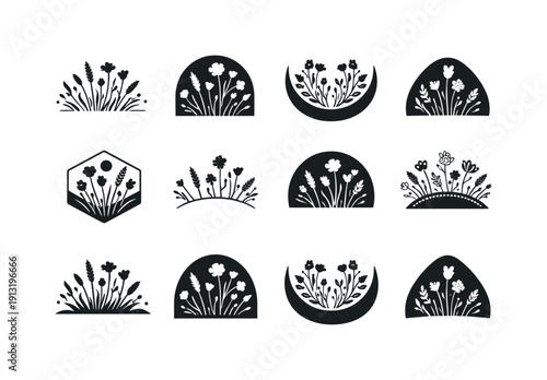 boho picnic aesthetics. Icon set. Set Logo of boho picnic aesthetics: wildflowers and grasses. harmonious logo variations of the same