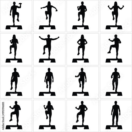 Step Aerobics Exercise Silhouettes: Fitness People Training on Platforms