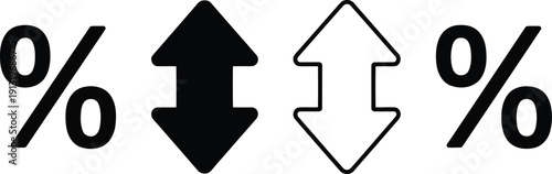 Multiple black percentage signs and double arrows illustrating bidirectional change or fluctuations on white