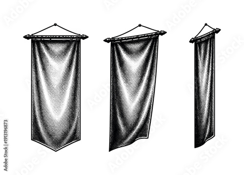 International flag vertical hanging banner shown in front view, slight angled three-quarter view, and side profile view as one object